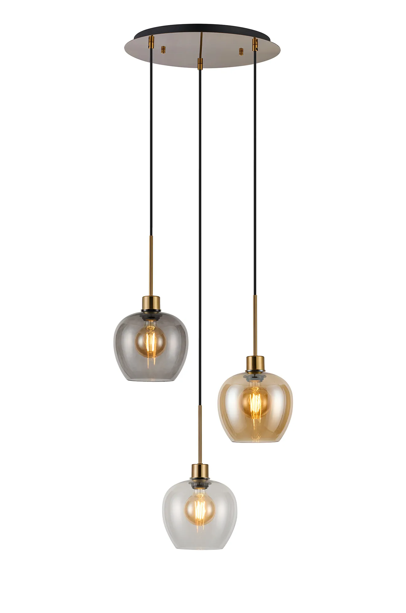 Lori 40cm Round Pendant, 3 Light Adjustable E27, Antique Gold/Amber/Clear/Smoke Wine Shades DK1184  Deco Lori Antique Gold